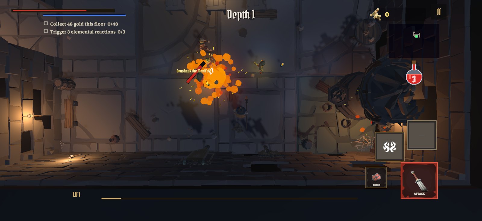 Real-time combat in a torchlit dungeon — an explosion of fire against a named enemy