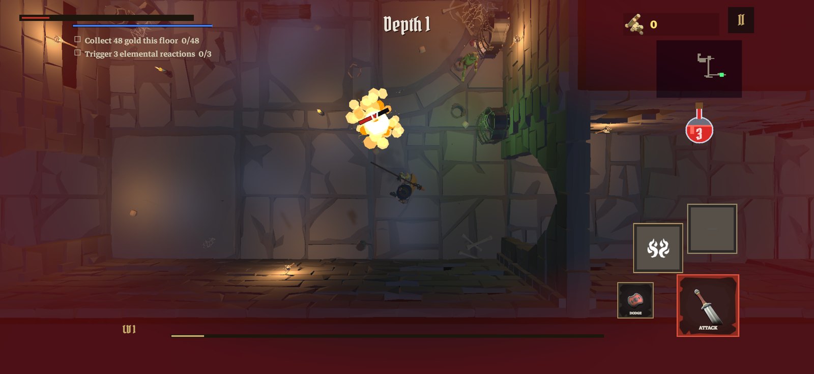 Fire blooms in a green-lit chamber of the dungeon