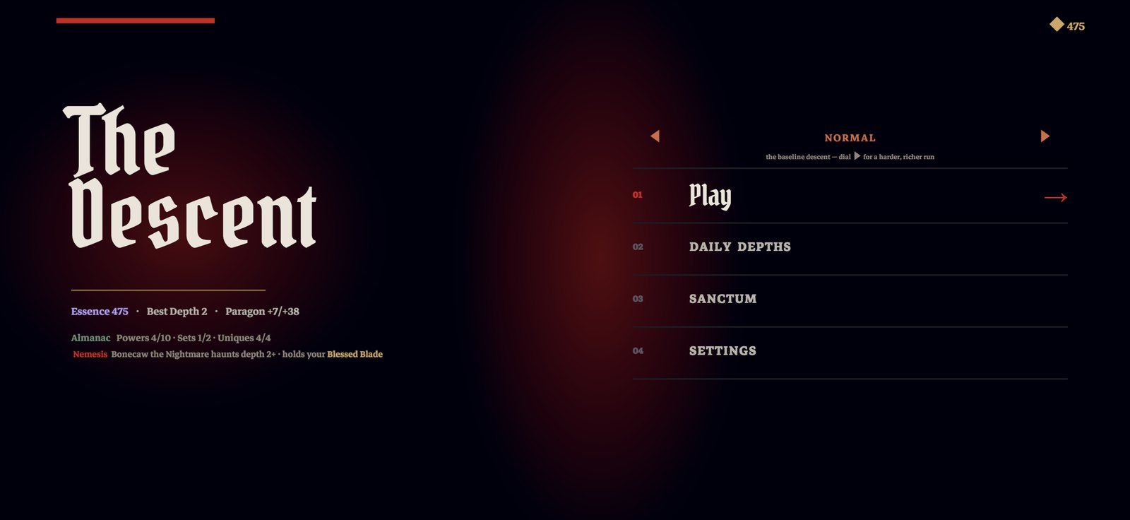 The Descent main menu — a nemesis line reads: Bonecaw the Nightmare haunts depth 2+, holds your Blessed Blade